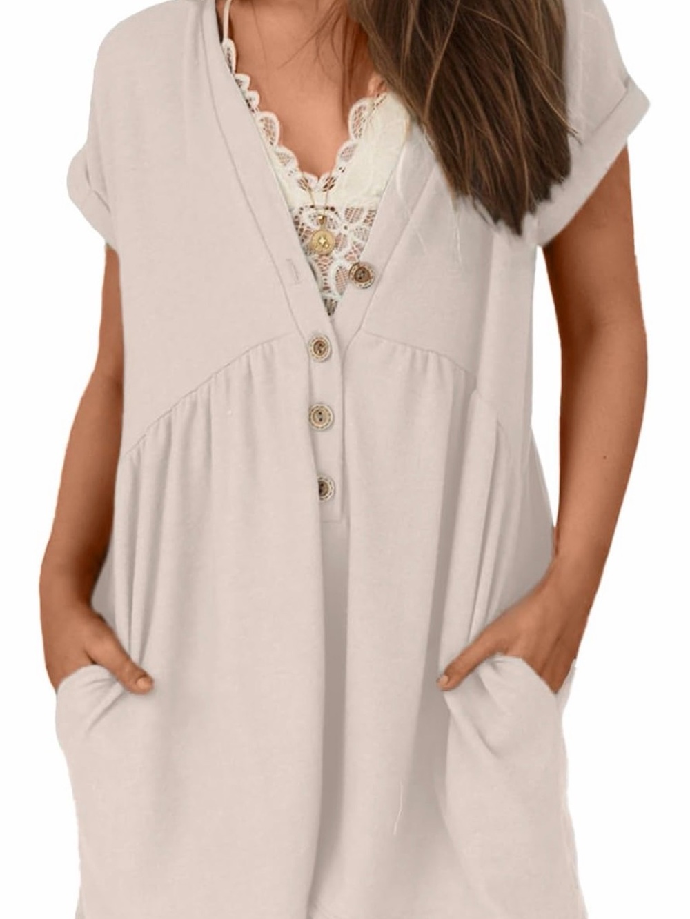Casual V-Neck Short Sleeve Romper in Cream
